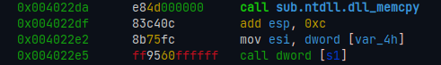 Disassembly do radare2 mostrando dword [var_4h] sendo atribuido como valor à esi antes da execução do shellcode.