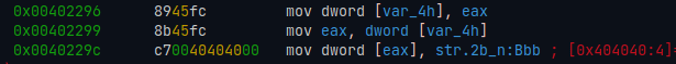 Disassembly do radare2 mostrando 0x404040 sendo atribuido como valor à dword [var_4h].