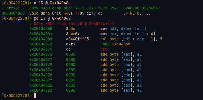 Inspecionando o shellcode no radare2 com os comandos x e pd.