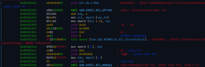 Primeira print do disassembly gerado pelo radare2, mostrando uma chamada a kernel32!VirtualAlloc seguida por uma chamada à ntdll!memcpy.