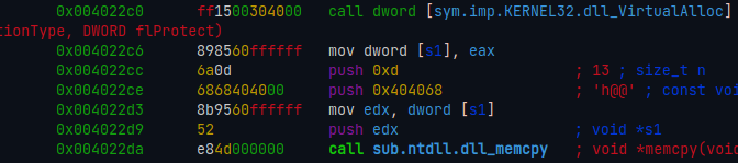 Disassembly gerado pelo radare2, mostra ntdll!memcpy copiando 0xd bytes de 0x404068 para um espaço de memória recém-alocado.